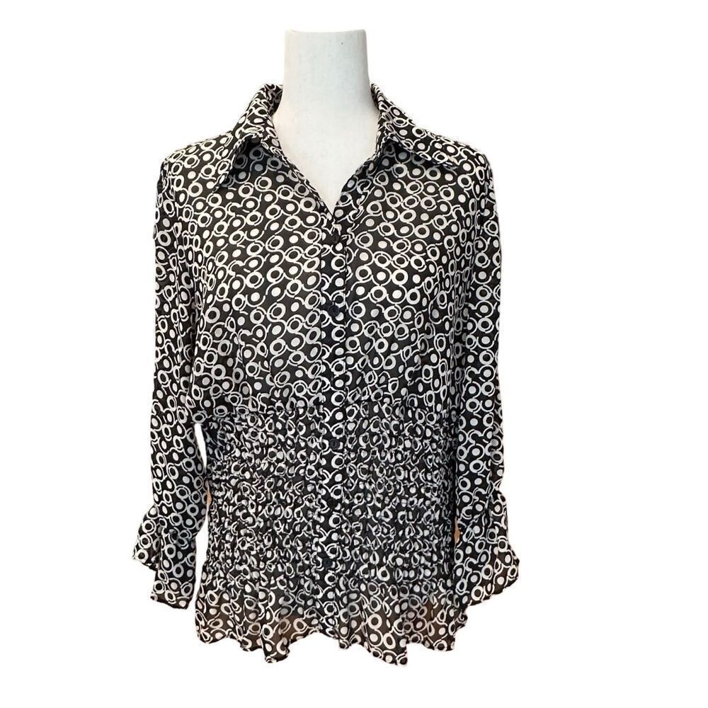 Sere Nade NY 3/4 Sleeve Button Down Sheer Blouse Black - Tan Size Large